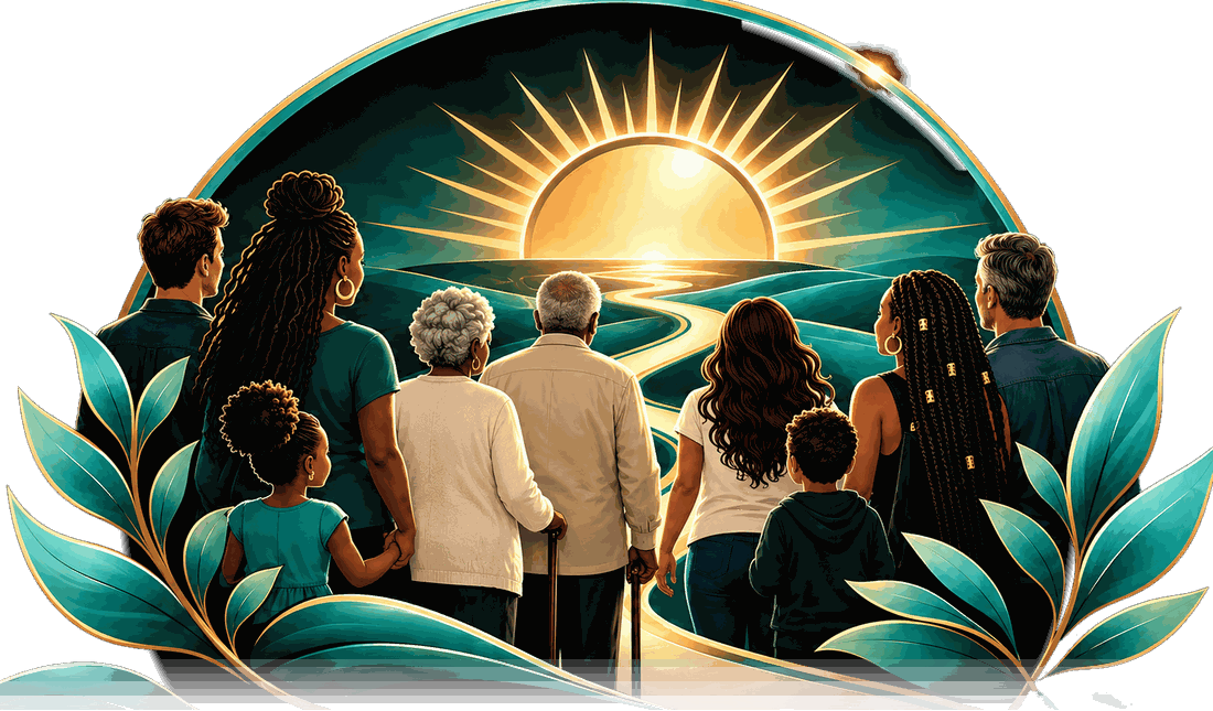 Illustration of a multigenerational family, including grandparents with walking canes, walking together along a golden path toward the rising sun